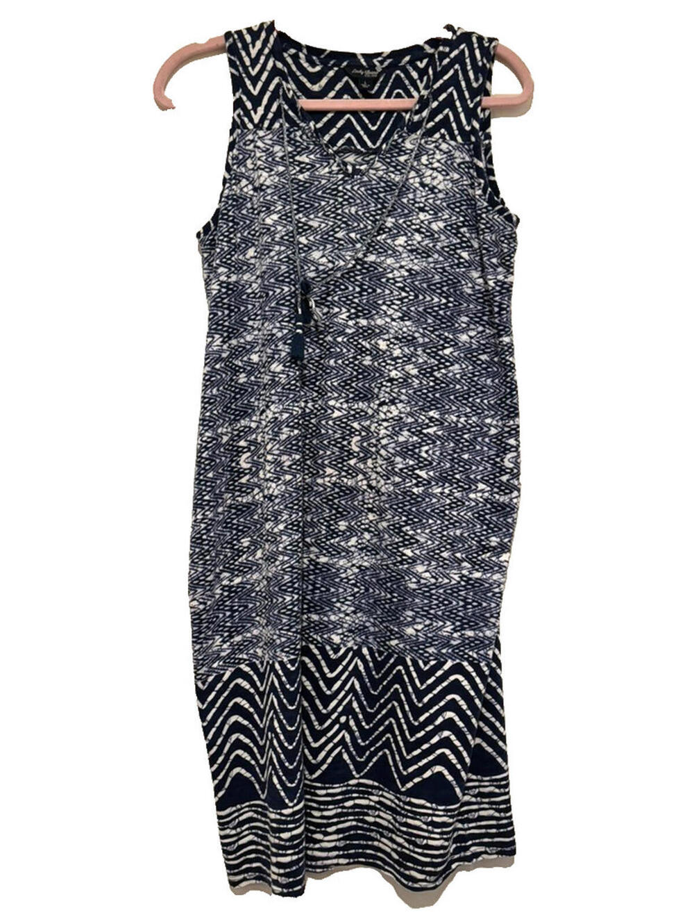 Lucky Brand sz L boho blue/white stretchy dress V neck‎ keyhole beach #3401